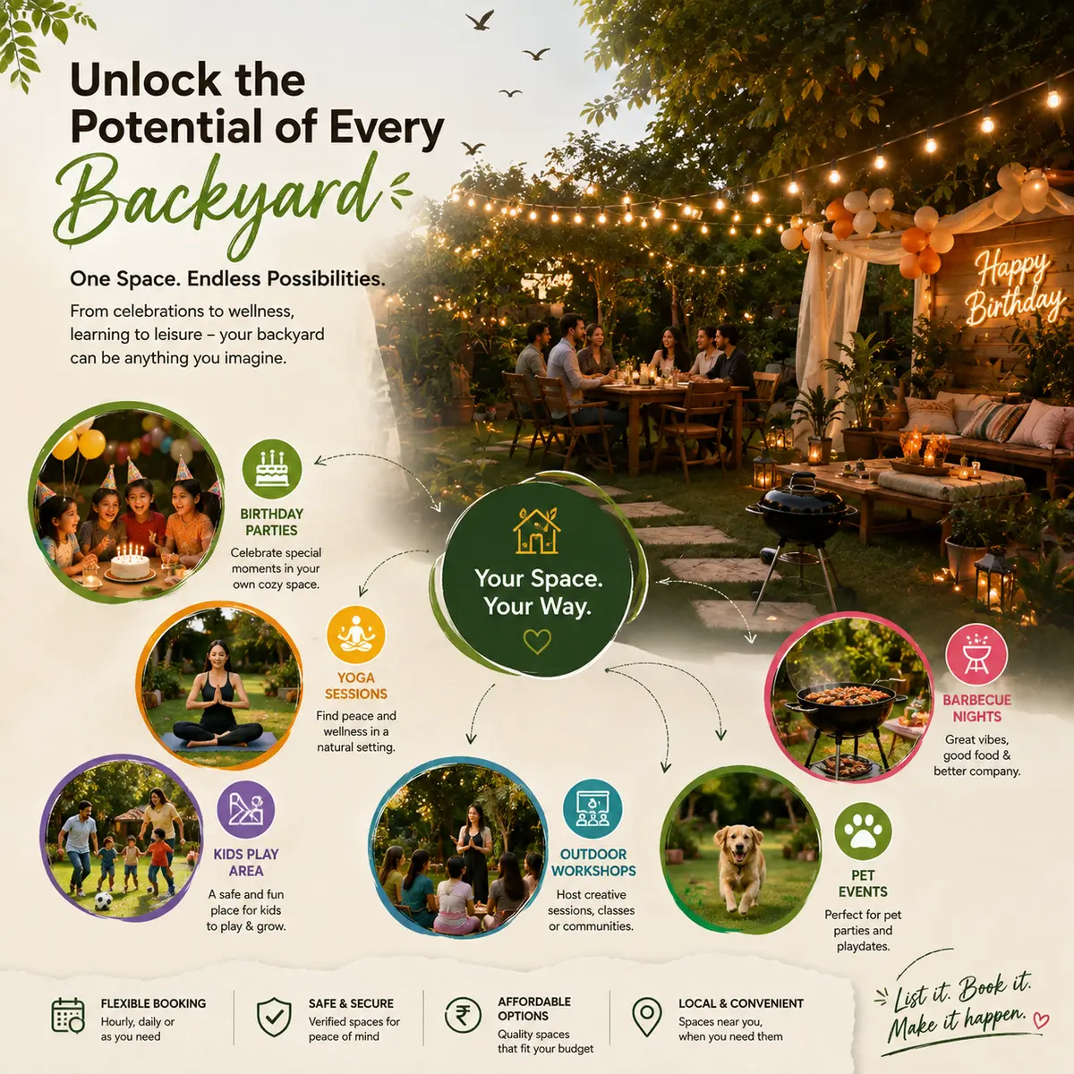 Green backyard garden with lawn seating and shade trees, arranged for an outdoor gathering.
