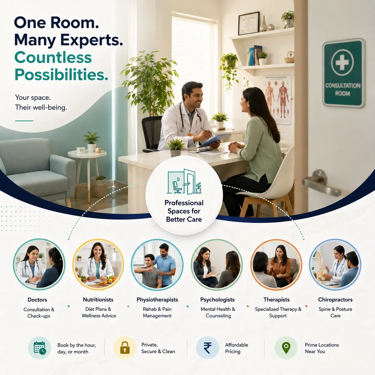 Clean, private clinic consultation room with an examination couch, desk and seating for patients.