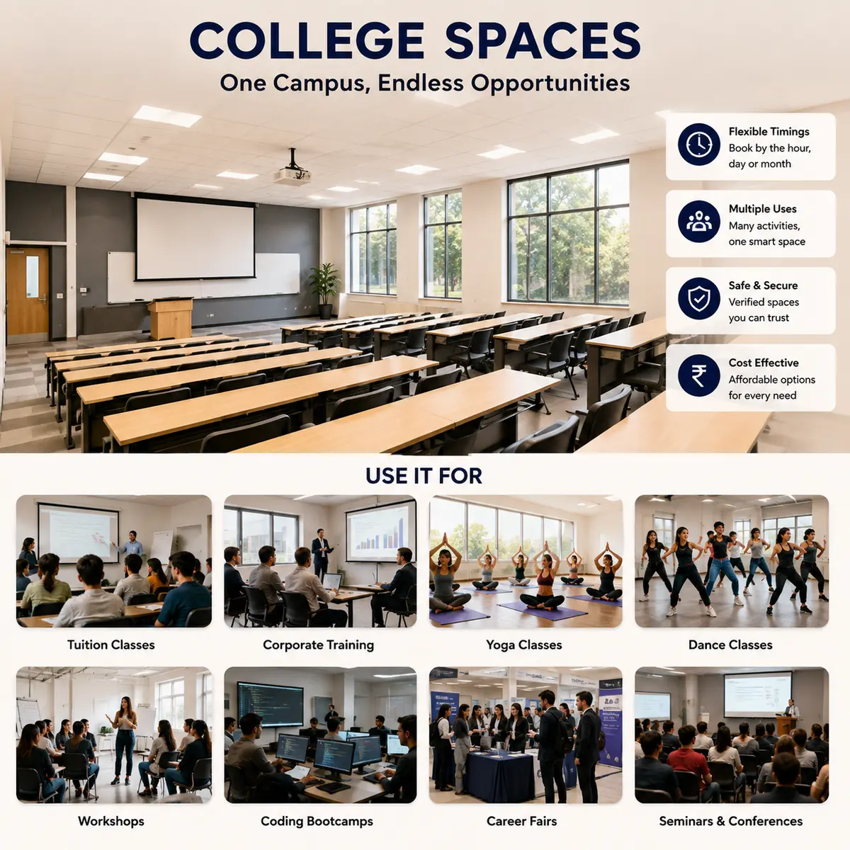 College lecture hall with tiered seating, available for evening classes, bootcamps and professional training.