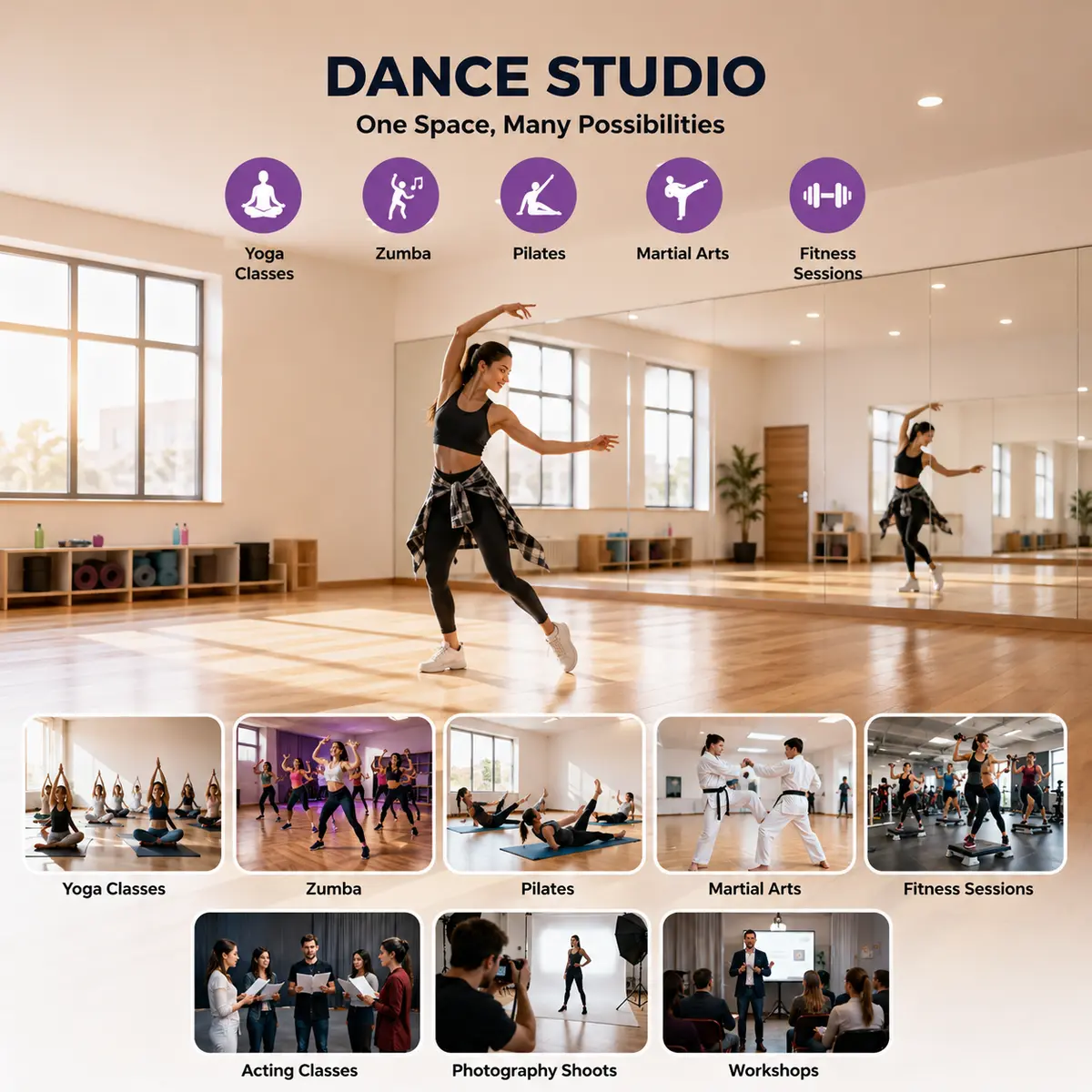 Modern dance studio with sprung flooring and mirrored walls, available for yoga, fitness classes, workshops and rehearsals.