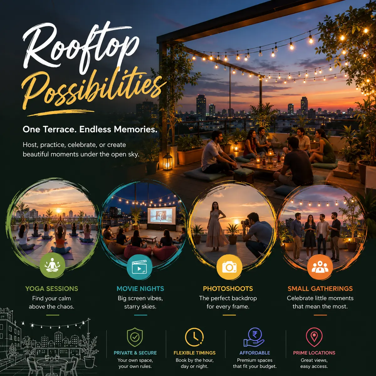 Open rooftop terrace with string lights and seating, set up for an evening event with a city skyline behind.