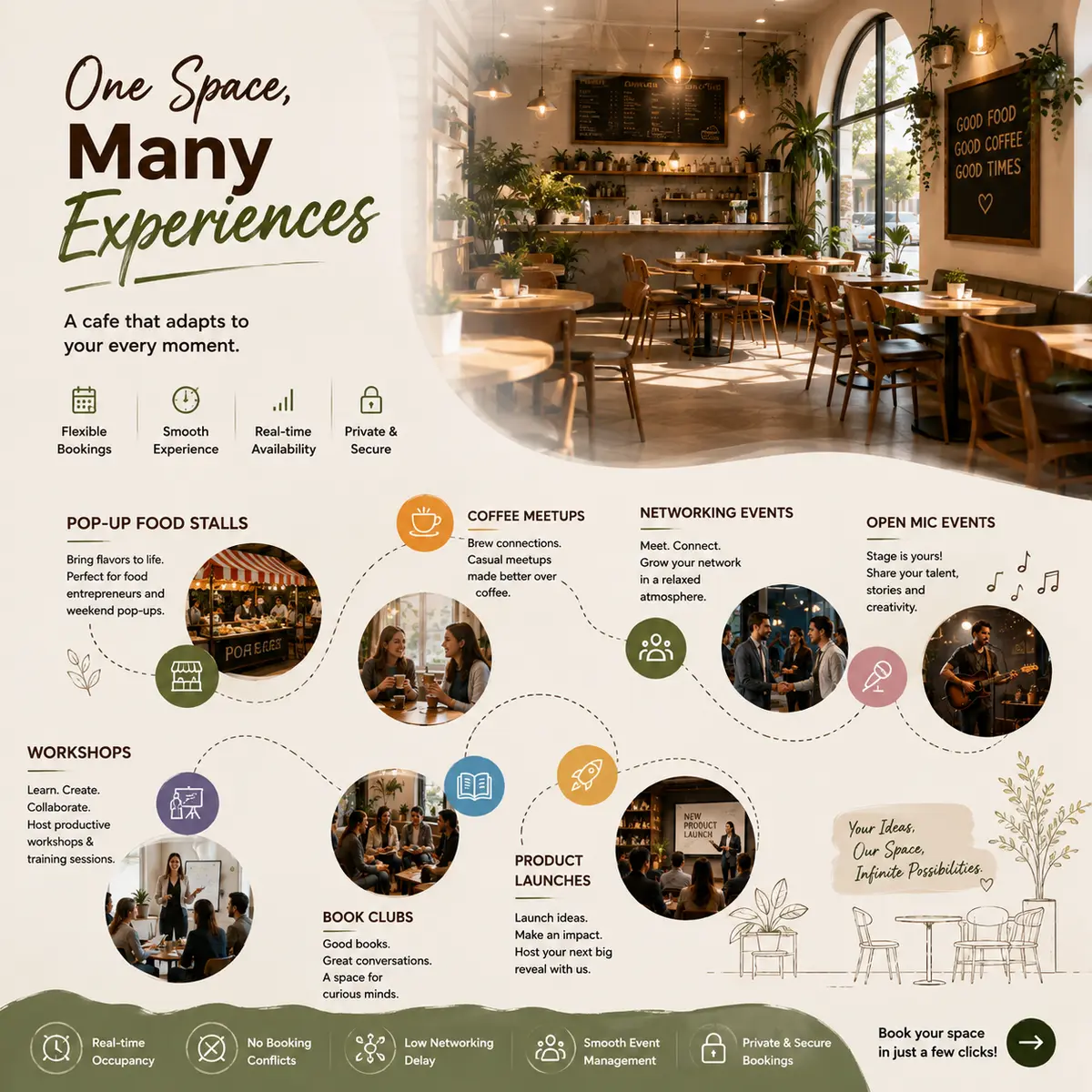 Warm, well-lit café interior with communal seating, arranged for a community event or workshop. — view 2