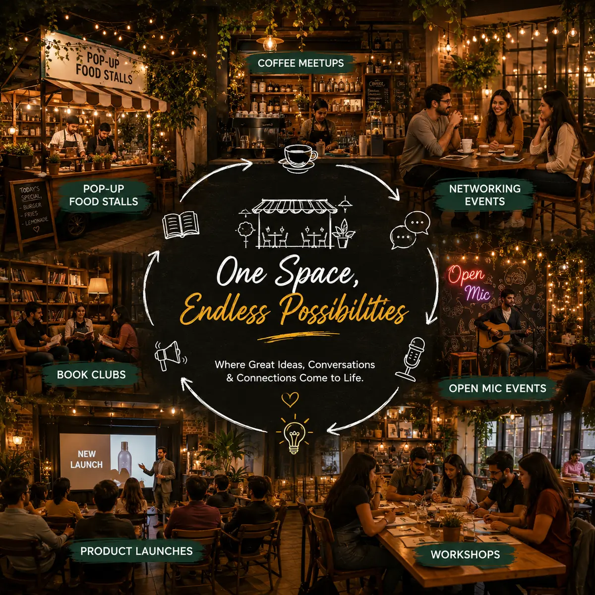 Warm, well-lit café interior with communal seating, arranged for a community event or workshop. — view 3