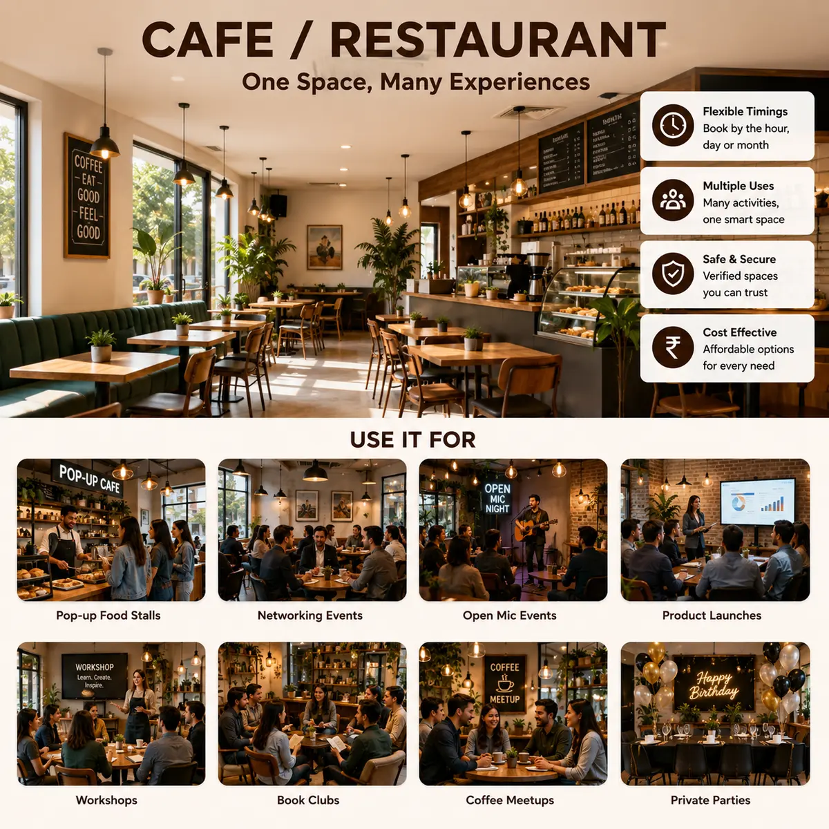 Warm, well-lit café interior with communal seating, arranged for a community event or workshop. — view 4